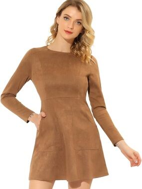 Allegra K Tan Long-Sleeve Suede-Look A-Line Dress